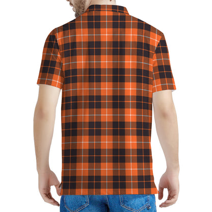Orange Grey And White Tartan Print Men's Polo Shirt
