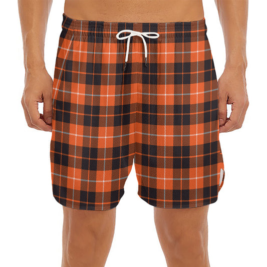 Orange Grey And White Tartan Print Men's Split Running Shorts