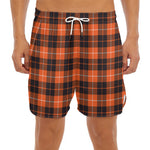 Orange Grey And White Tartan Print Men's Split Running Shorts
