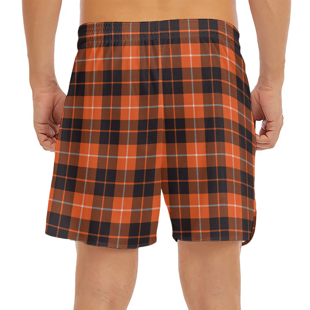 Orange Grey And White Tartan Print Men's Split Running Shorts
