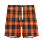 Orange Grey And White Tartan Print Men's Sports Shorts