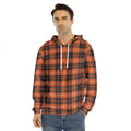 Orange Grey And White Tartan Print Men's Velvet Pullover Hoodie