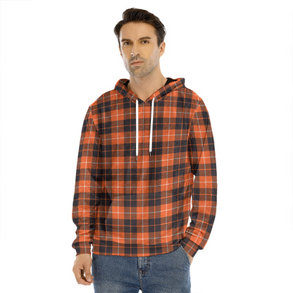 Orange Grey And White Tartan Print Men's Velvet Pullover Hoodie