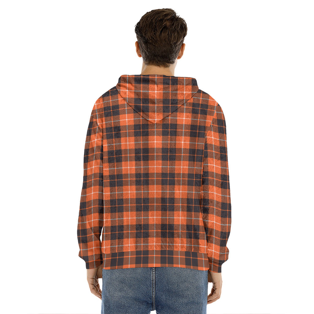 Orange Grey And White Tartan Print Men's Velvet Pullover Hoodie