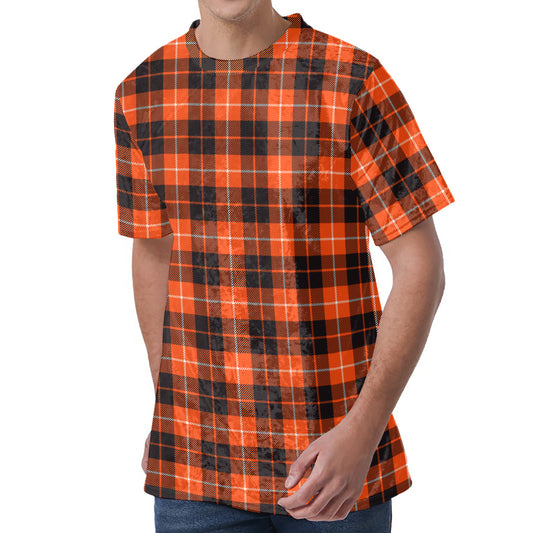 Orange Grey And White Tartan Print Men's Velvet T-Shirt