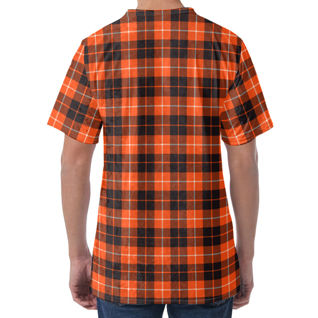 Orange Grey And White Tartan Print Men's Velvet T-Shirt