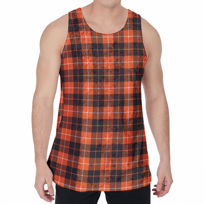 Orange Grey And White Tartan Print Men's Velvet Tank Top