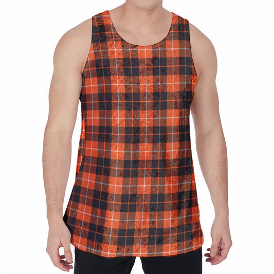 Orange Grey And White Tartan Print Men's Velvet Tank Top