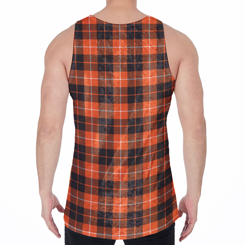 Orange Grey And White Tartan Print Men's Velvet Tank Top