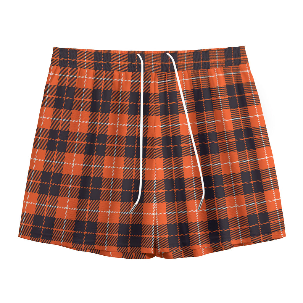 Orange Grey And White Tartan Print Mesh Shorts
