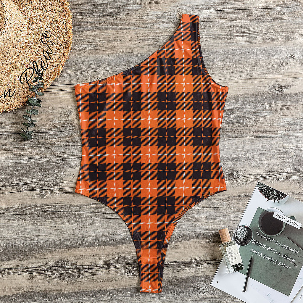 Orange Grey And White Tartan Print One Shoulder Bodysuit