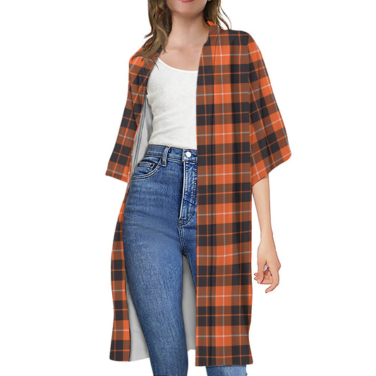 Orange Grey And White Tartan Print Open Front Beach Cover Up