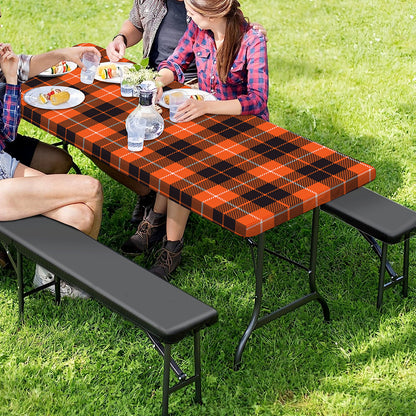 Orange Grey And White Tartan Print Picnic Table Cover