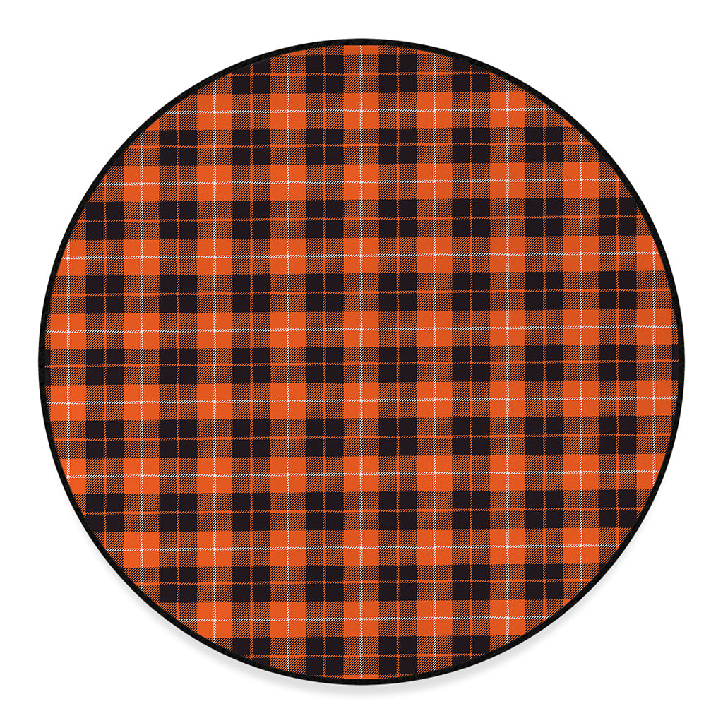 Orange Grey And White Tartan Print Round Floor Mat