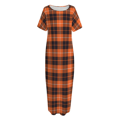 Orange Grey And White Tartan Print Short Sleeve Long Nightdress