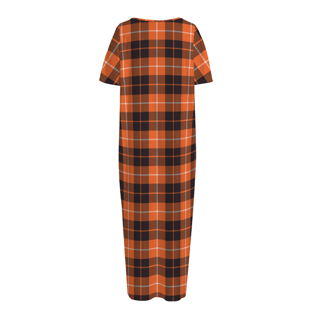 Orange Grey And White Tartan Print Short Sleeve Long Nightdress