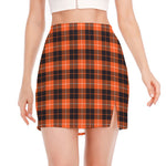 Orange Grey And White Tartan Print Side Slit Mini Skirt