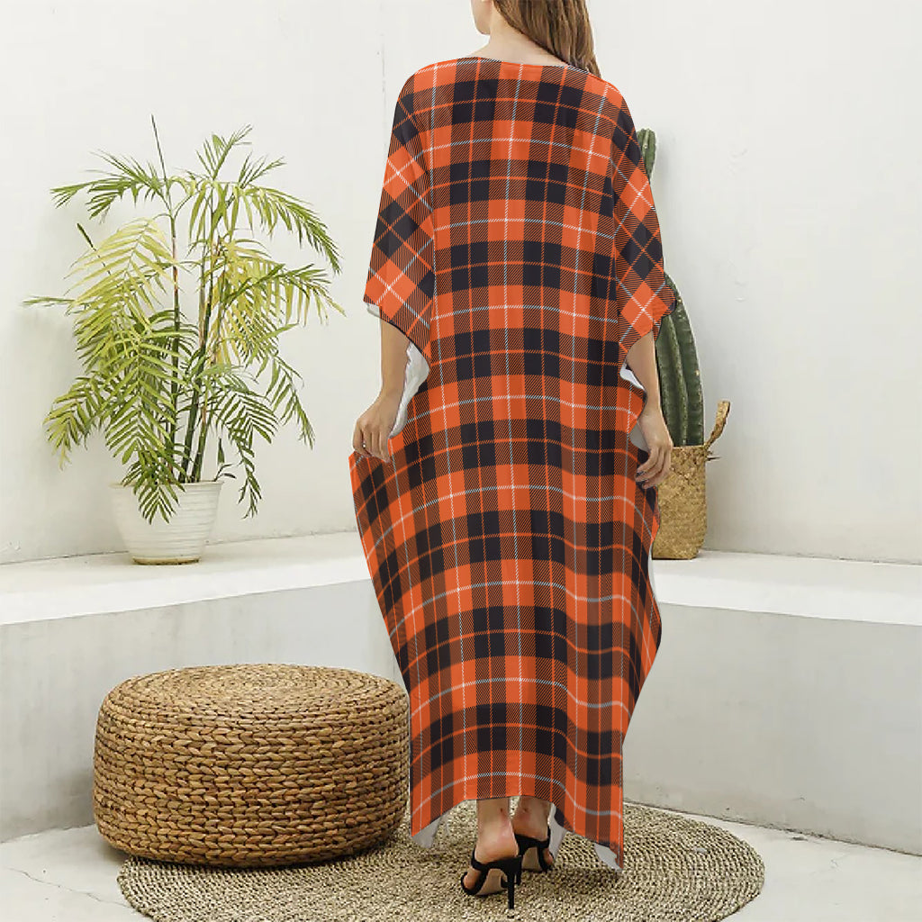 Orange Grey And White Tartan Print Silk V-Neck Kaftan Dress