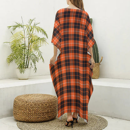 Orange Grey And White Tartan Print Silk V-Neck Kaftan Dress