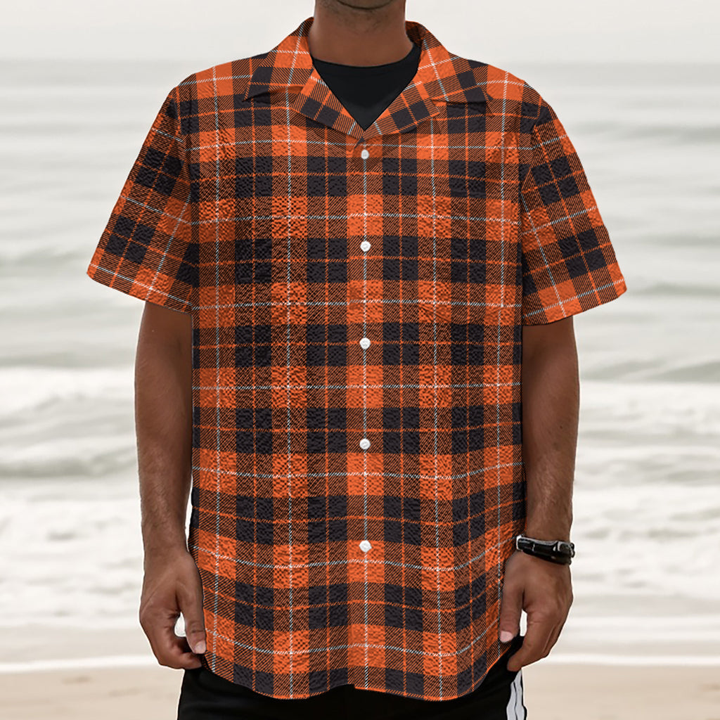 Orange Grey And White Tartan Print Textured Short Sleeve Shirt