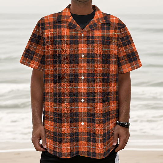 Orange Grey And White Tartan Print Textured Short Sleeve Shirt