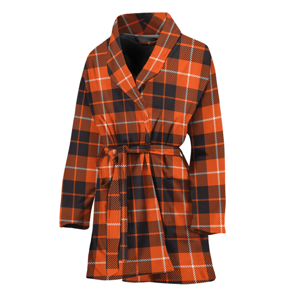 Orange Grey And White Tartan Print Women's Bathrobe