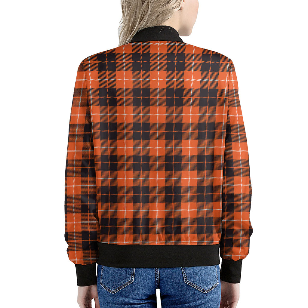 Orange Grey And White Tartan Print Women's Bomber Jacket