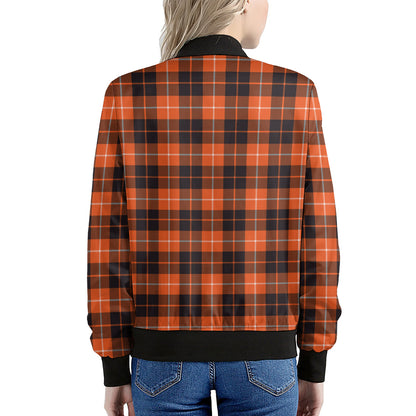 Orange Grey And White Tartan Print Women's Bomber Jacket