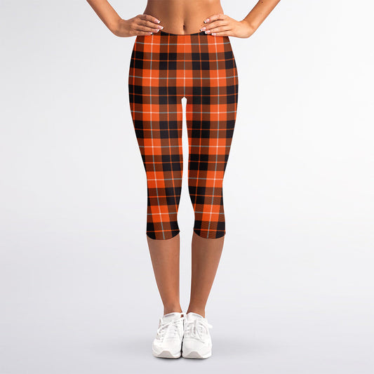 Orange Grey And White Tartan Print Women's Capri Leggings