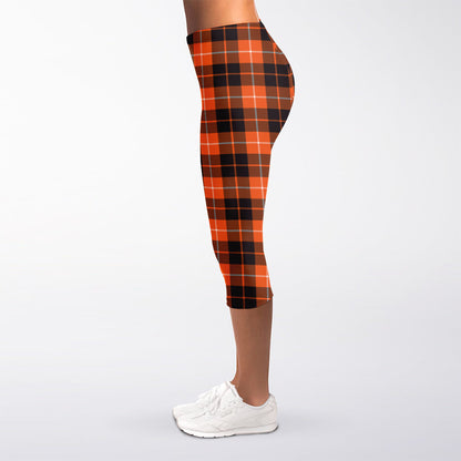 Orange Grey And White Tartan Print Women's Capri Leggings
