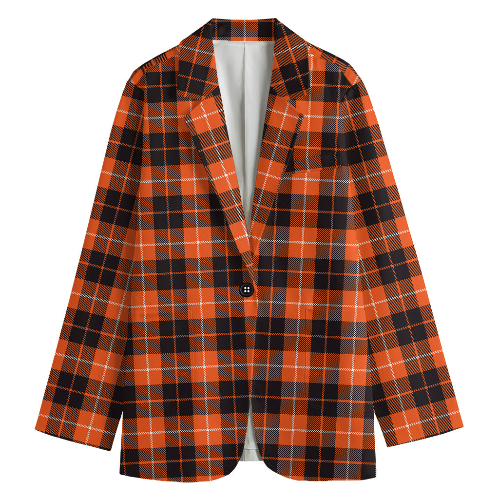 Orange Grey And White Tartan Print Women's Cotton Blazer