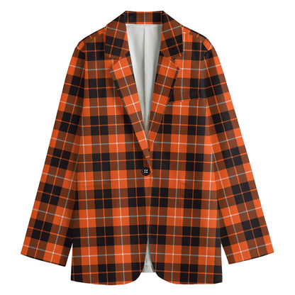 Orange Grey And White Tartan Print Women's Cotton Blazer
