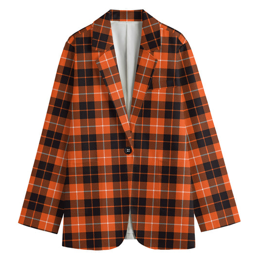 Orange Grey And White Tartan Print Women's Cotton Blazer