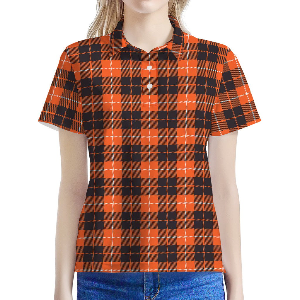 Orange Grey And White Tartan Print Women's Polo Shirt
