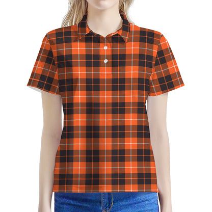 Orange Grey And White Tartan Print Women's Polo Shirt