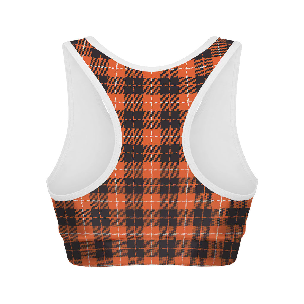 Orange Grey And White Tartan Print Women's Sports Bra