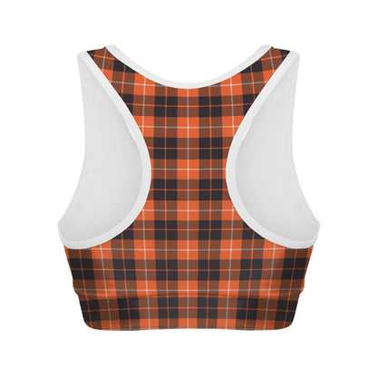 Orange Grey And White Tartan Print Women's Sports Bra
