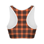 Orange Grey And White Tartan Print Women's Sports Bra