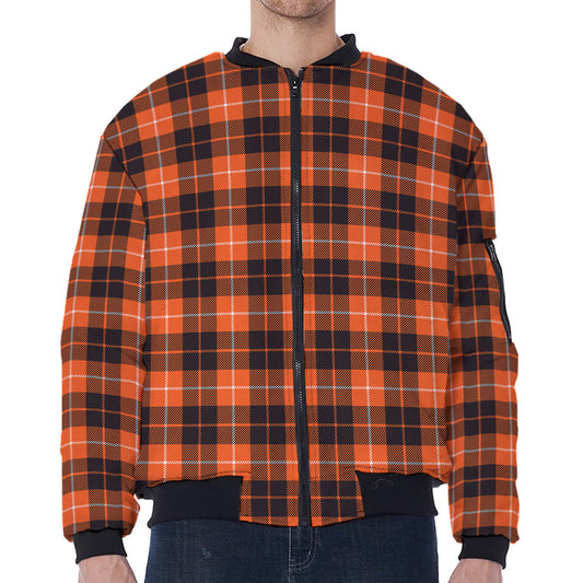 Orange Grey And White Tartan Print Zip Sleeve Bomber Jacket