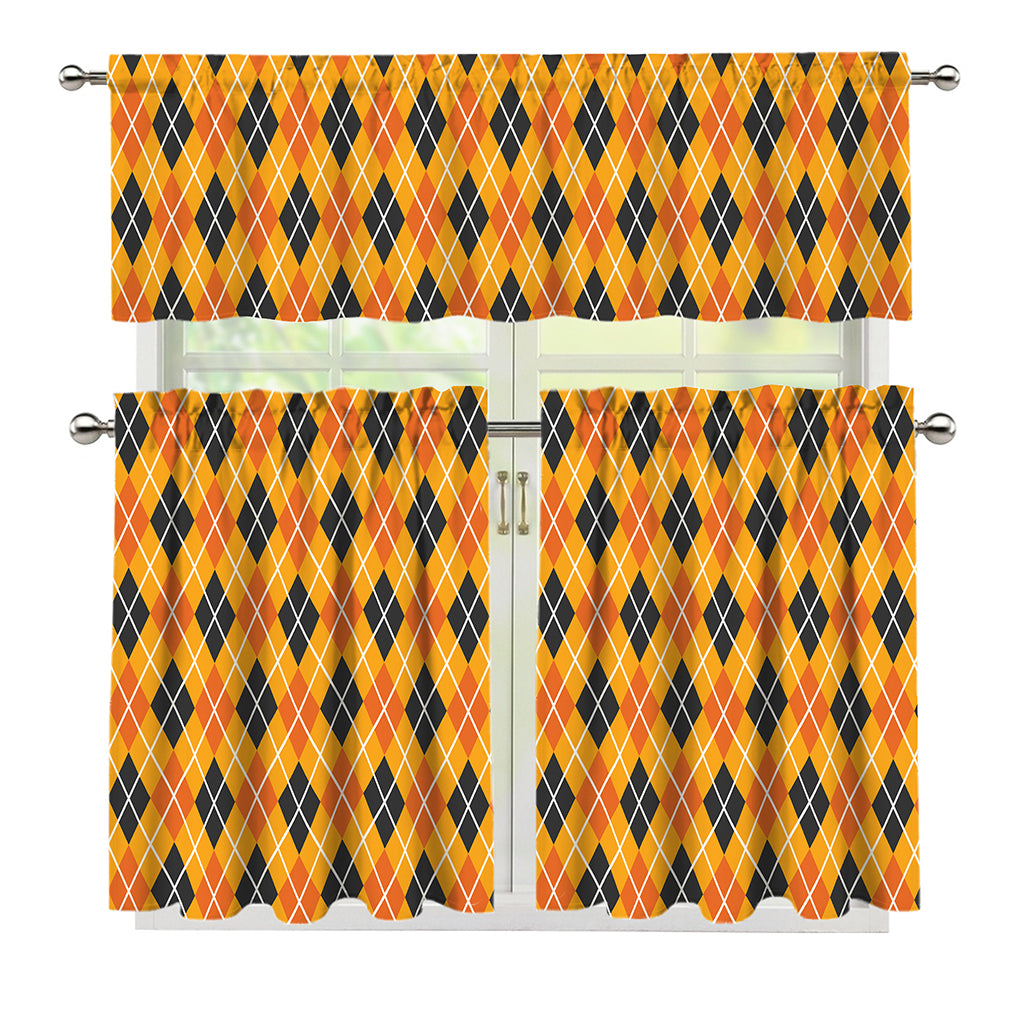 Orange Halloween Argyle Pattern Print 3 Piece Kitchen Curtains