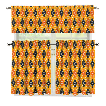 Orange Halloween Argyle Pattern Print 3 Piece Kitchen Curtains