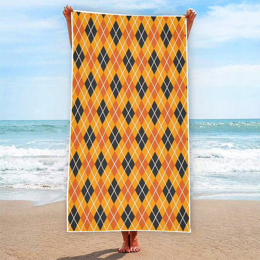 Orange Halloween Argyle Pattern Print Beach Towel
