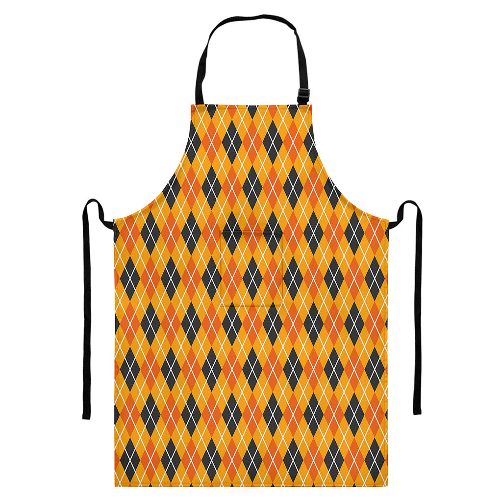 Orange Halloween Argyle Pattern Print Bib Apron With Pocket