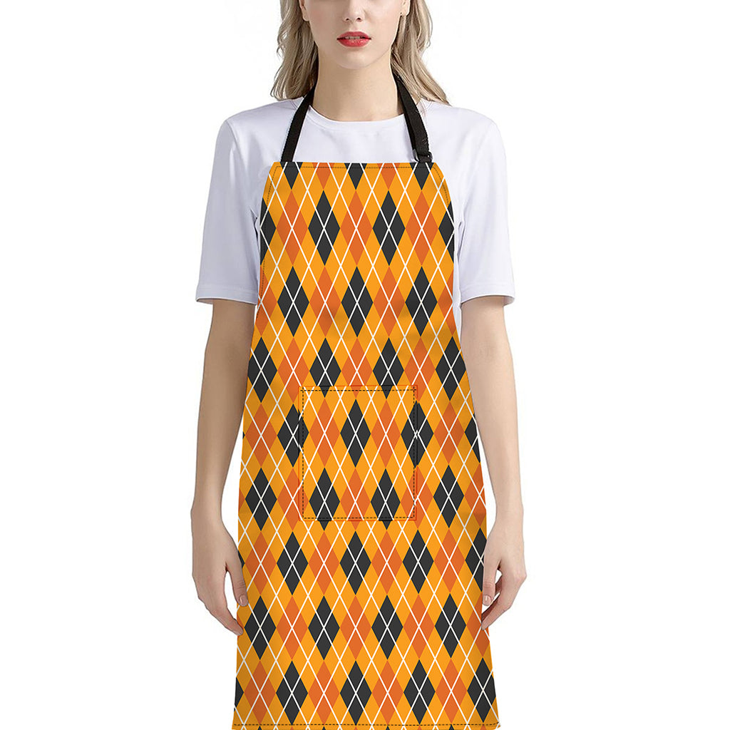 Orange Halloween Argyle Pattern Print Bib Apron With Pocket