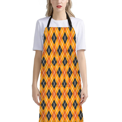 Orange Halloween Argyle Pattern Print Bib Apron With Pocket