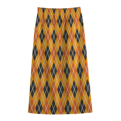 Orange Halloween Argyle Pattern Print Cotton Front Slit Maxi Skirt