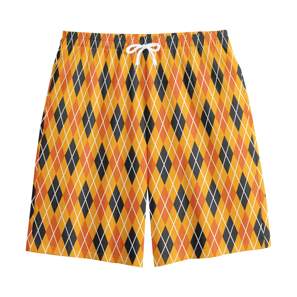 Orange Halloween Argyle Pattern Print Cotton Shorts