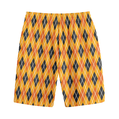 Orange Halloween Argyle Pattern Print Cotton Shorts