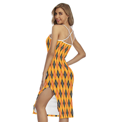 Orange Halloween Argyle Pattern Print Cross Back Cami Dress