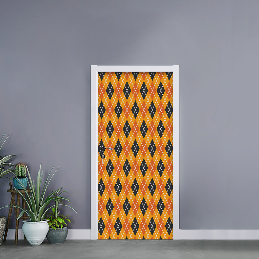 Orange Halloween Argyle Pattern Print Door Sticker